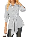 Damen 2025 Herbst Hemd Langarm Taillenbande Wickelbluse Longline Streifen Tunika...