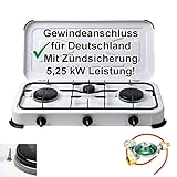Campingkocher Gaskocher 3 flammig mit Zündsicherung mit Gas-Schlauch und...