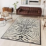 TAPISO Atlas Teppich Kurzflor Afrika Tiermuster Zebra Schwarz Creme Wohnzimmer...