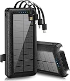 PSOOO Solar Powerbank 26800mAh Tragbares Ladegerät mit eingebauten Kabeln...